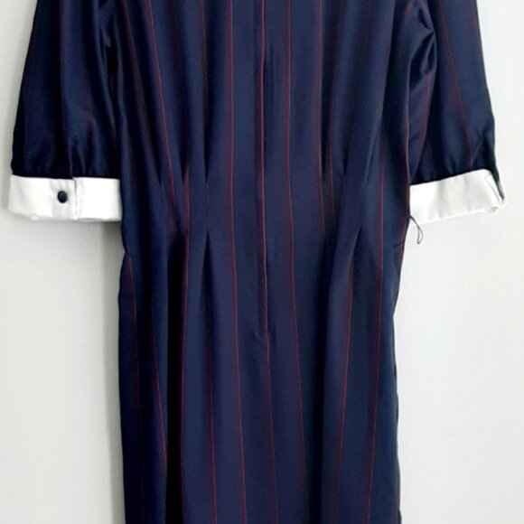 NINA RICCI Retro Maxi Length Long Pin-Stripe Dress White Collar Navy Blue Sz 12 - Picture 7 of 16